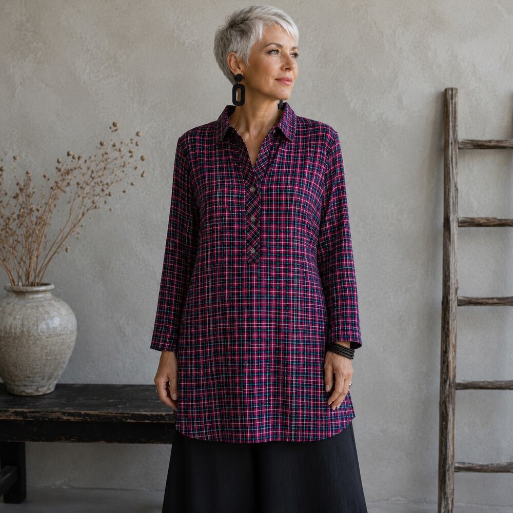 Talbot's Magenta Navy Plaid Long Sleeve  Pop Over Top 14P